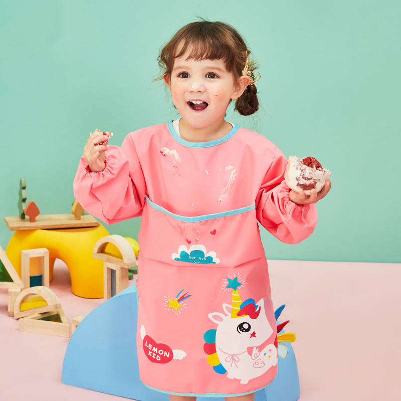 Kids Art Smocks Long Sleeve Painting Aprons with Pockets-Pink Unicorn