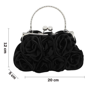 Roses Clutch Purse Satin Money Clip Evening Handbag-Black