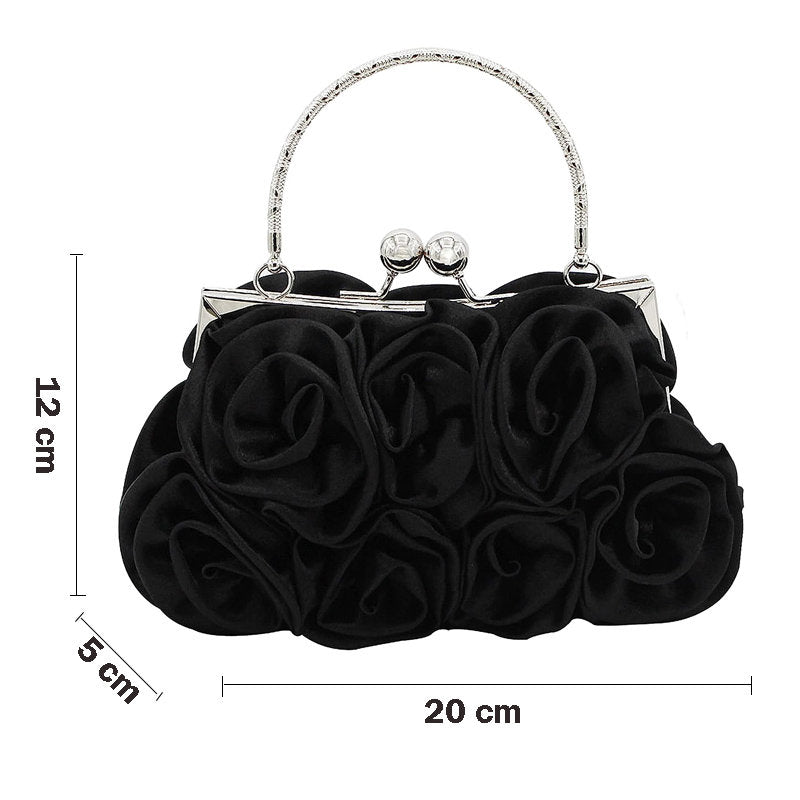 Roses Clutch Purse Satin Money Clip Evening Handbag-Black
