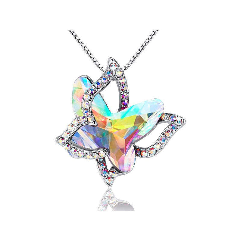 Butterfly Birthstone Crystal Pendant Necklace Gifts for Women Girls-Colorful