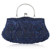 Beaded Sequin Design Flower Evening Purse Large Clutch Bag-Blue