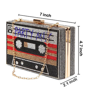Women Retro Radio Shape Crossbody Bag Rhinestone Metal Vintage Clutch Purses-Red