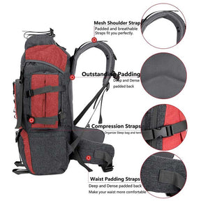 55L Backpack Internal Frame Hiking Water Resistant Travel Packs with Rain Cover-Red