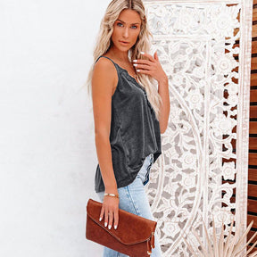 Casual Solid Color V-Neck Lace Trimmed Camisole Tank Top-DarkGray