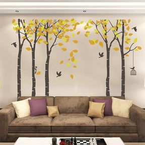 Large Jungle Trees Wall Decals Yellow Leaves Fly Birds DIY Wall Stickers Bedroom Living Room