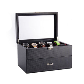 Watch Organizer Box with Drawer Display Case For Men Carbon Fiber Faux Leather Design