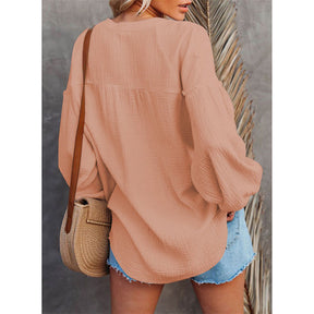 Womens Deep V Neck Lantern Sleeve Blouse Button Down Pullover Tops-Orange