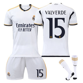 Real Madrid Home Jersey VALVERDE #15 Soccer Jersey Kids Adult 3Pcs Jersey Kits