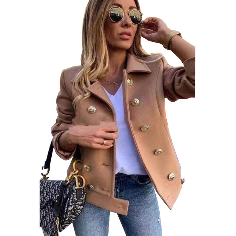 Womens Peacoat Double Breasted Lapel Casual Cropped Jackets Winter-Khaki