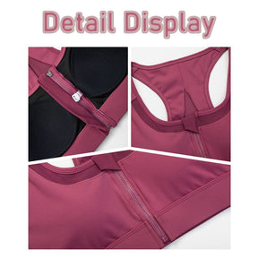 Sports Bra Front Zipper Wide Shoulder Straps Shockproof Yoga Vest -Red