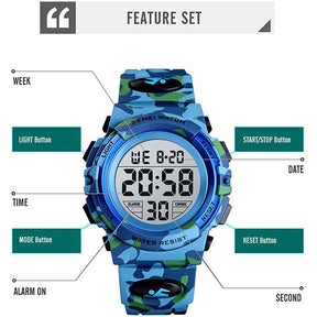 Kids Camouflage Digital Watch Outdoor Sports Waterproof Electronic Watches-LightBlue