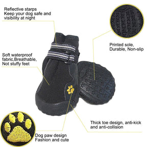 4 Pcs Dog Shoes Non-Slip Warm with Reflective Straps for Middle Large Dogs-Black