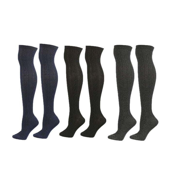 3Packs Women Extra Long High Socks Knit Warmers Thick Tall Long Boot Stockings Leg-BlackNavyDarkGray