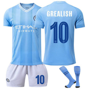 Manchester City Home GREALISH #10 Soccer Jersey Kids Adult 3Pcs Kits