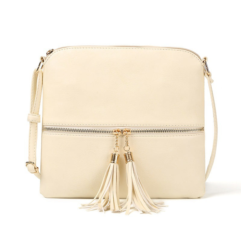 Lightweight Medium Crossbody Bag with Tassel-Beige