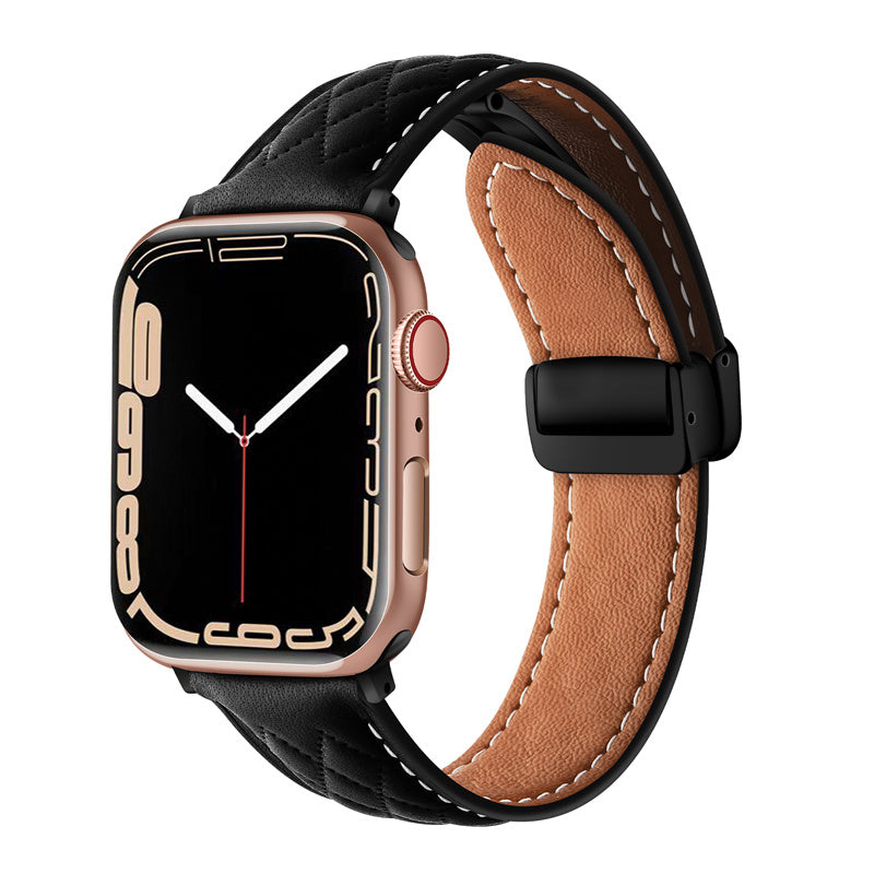 Vintage Leather Band Folding Buckle Replacement Strap for Apple Watch-Black