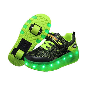 Double Wheel Roller Skate Shoes Light Up Sneakers for Boys Girls-Black Green