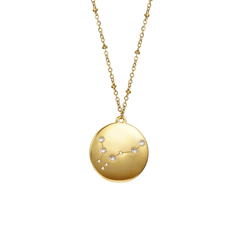 12 Constellation Coin Disc Gold Necklace Engraving Astrology Pendant-Pisces