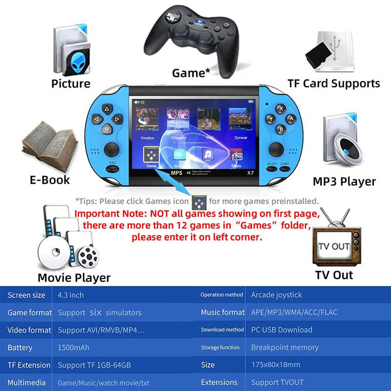 4.3 in Retro Handheld Game Console Built in Classic Games Support TV Output Music Video-Blue