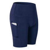 Women Yoga Shorts With Pocket High Waist Fitness Running Leggings Sports Quick Drying Tight Pants 2048-Navy Blue