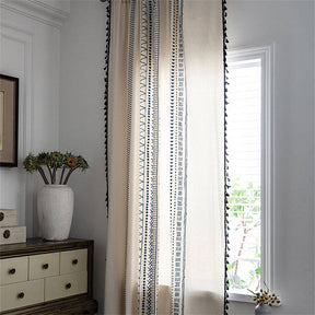 2 Panels Cotton Linen Semi Blackout Grommet Curtains with Tassels-3NavyBlue