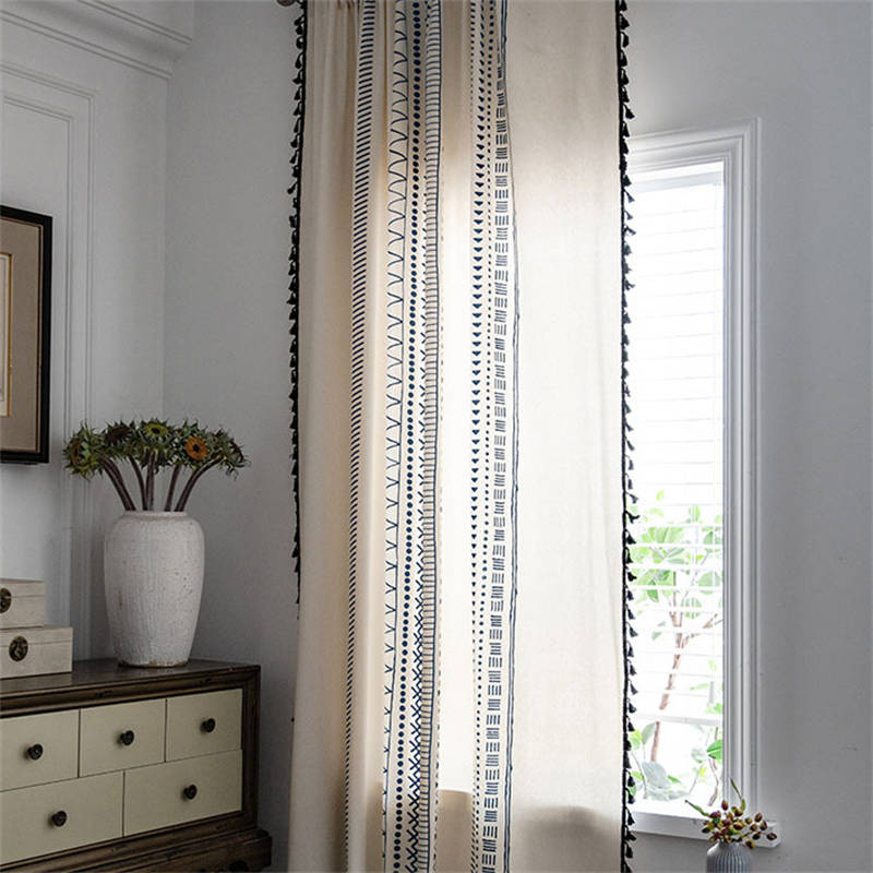 2 Panels Cotton Linen Semi Blackout Grommet Curtains with Tassels-3NavyBlue