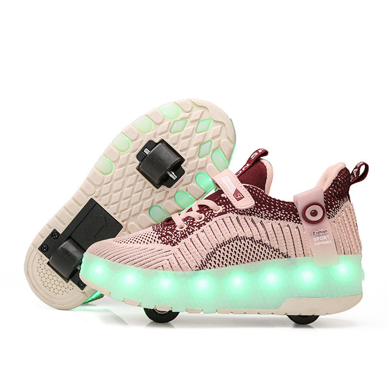 Children Double Wheels Roller Skate Shoes LED Lamp Sneakers-Pink