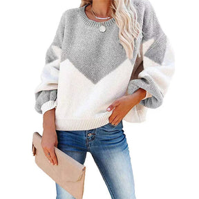 Womens Color Block Loose Knit Pullover Sweater Lantern Sleeve-Grey