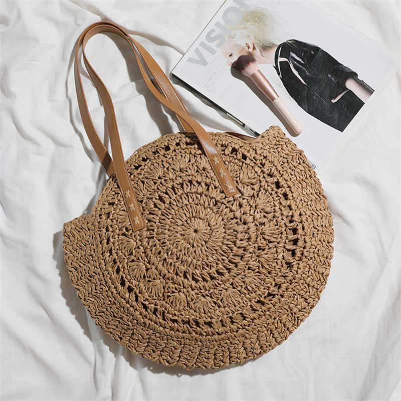 Round Straw Bag Large Woven Summer Beach Tote Handbags for Women Vacation-Khaki