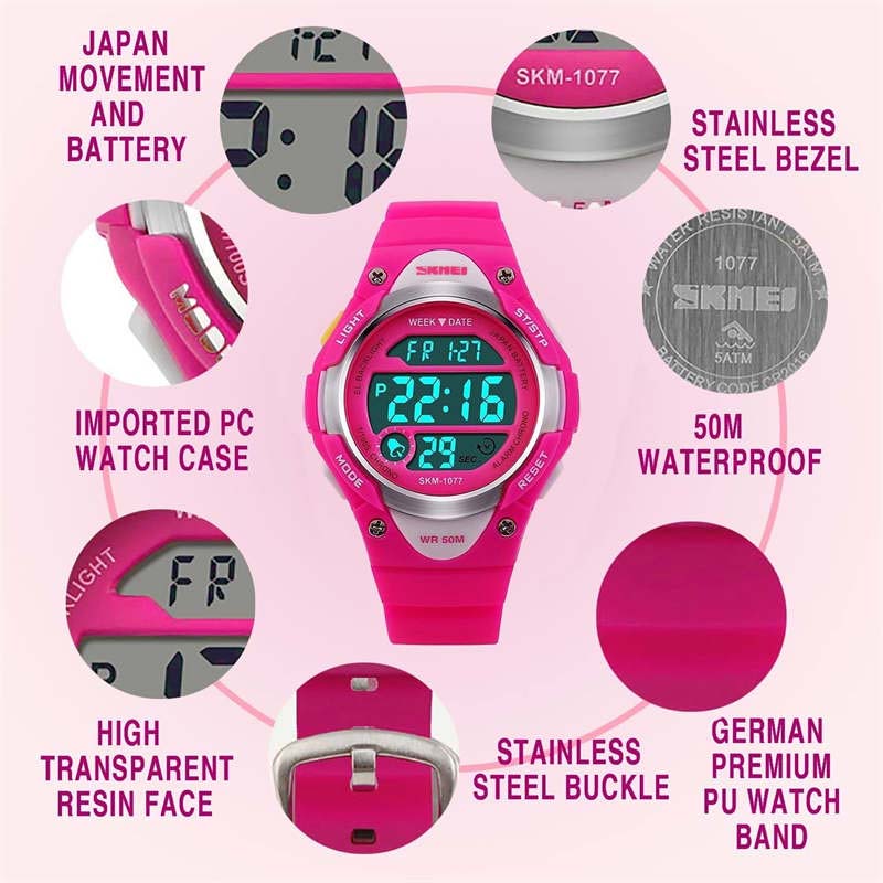 Kid Sport Outdoor Waterproof Electronic Watches with LED Light-RoseRed