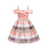 Flower Girls Elegant Dresses Toddler Wedding Pageant Off Shoulder Stripe Dress-Pink