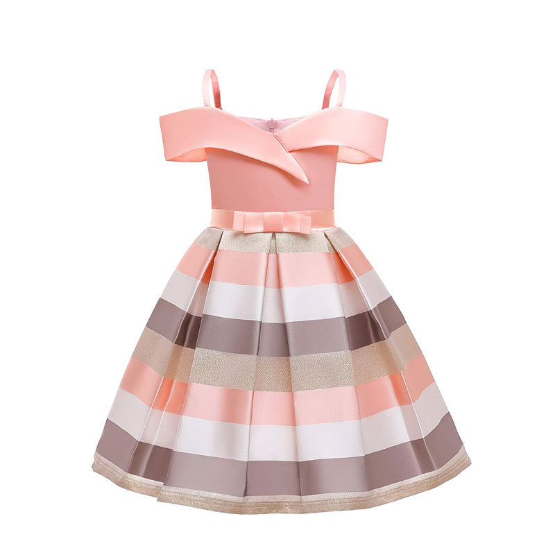 Flower Girls Elegant Dresses Toddler Wedding Pageant Off Shoulder Stripe Dress-Pink