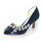 Womens Rhinestone Leaf Low Heels Satin Evening Party Prom Pumps-RoyalBlue