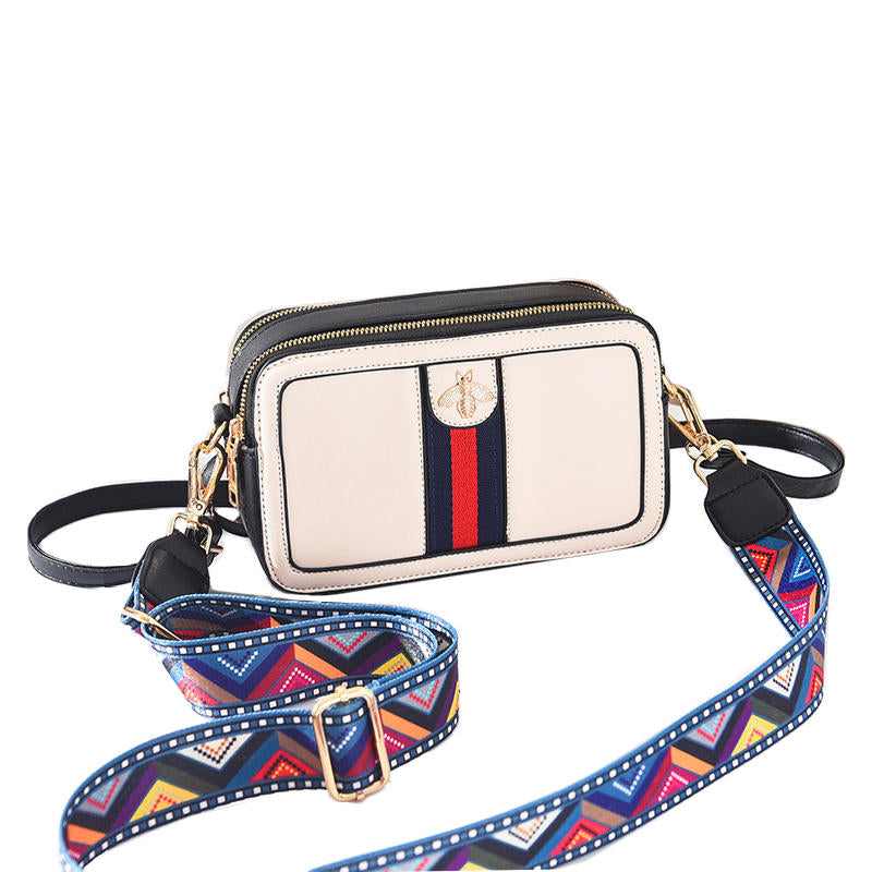 Bee Crossbody Purse for Women Colorful Woven Shoulder Straps Handbag-White