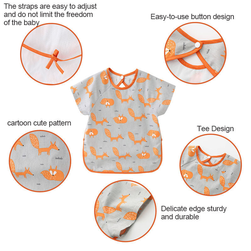 Toddler Short Sleeved Smock Cartoon Waterproof Apron for Feeding Painting-OrangeFox