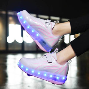 Double Wheel Roller Skate Shoes Light Up Sneakers for Boys Girls-Pink White