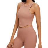 Rib-Knit Crop Tank Tops Removable Padded Quick Dry Sports Bras-Cocoa