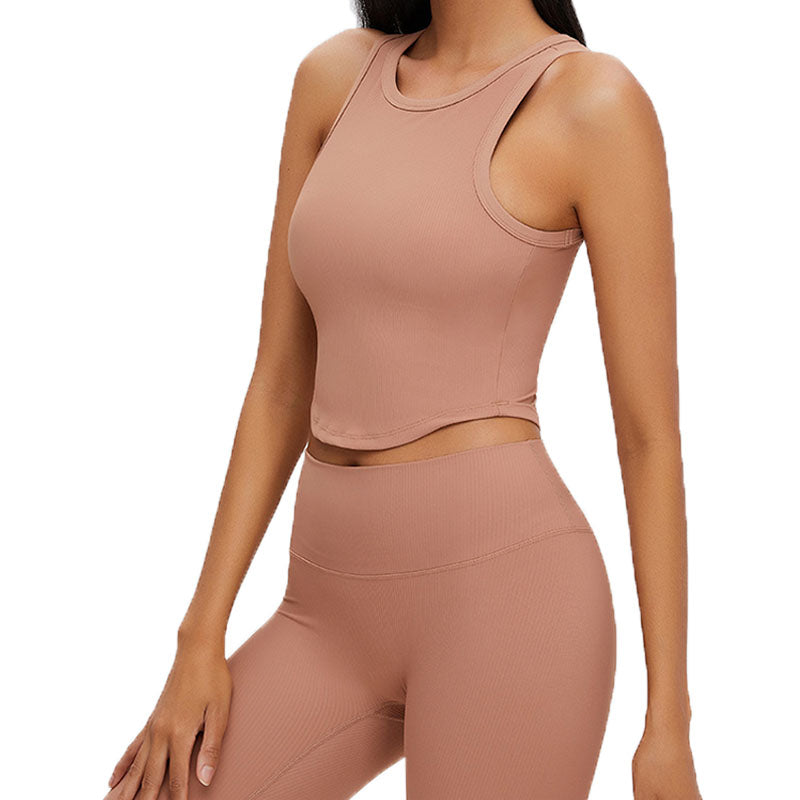Rib-Knit Crop Tank Tops Removable Padded Quick Dry Sports Bras-Cocoa