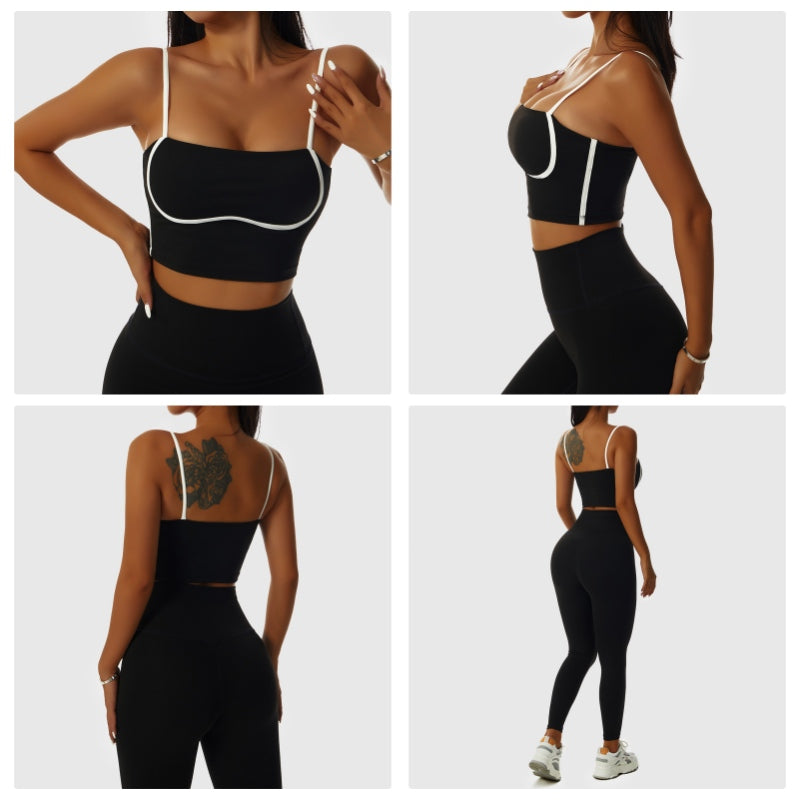 Spaghetti Strap Sports Bra Square Neck Padded Fitness Crop Tops-Black