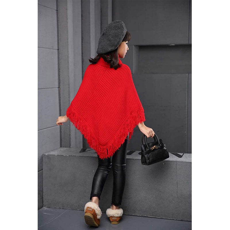 Girls Fall Loose Knitted Pullover Sweaters Poncho Tassel Turtleneck Cloak Cape-Red