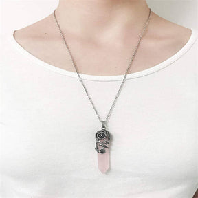 Antique Silver Flower Wrapped Crystal Necklace-Pink