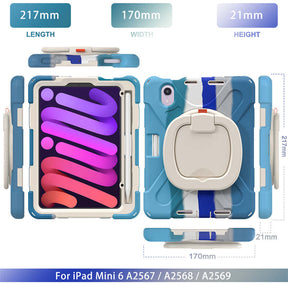 OnePieceB iPad Case For iPad Mini 6 Rugged Shockproof Case With Holder and Shoulder Strap-ColourfulBlue