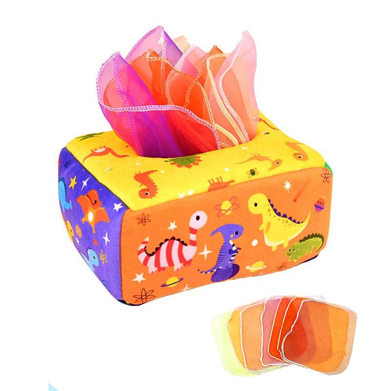 Baby Tissue Box Toy Crinkle Paper Sensory Silk Scarves Toys for 0-3 Year Old Kids-DinosaurA