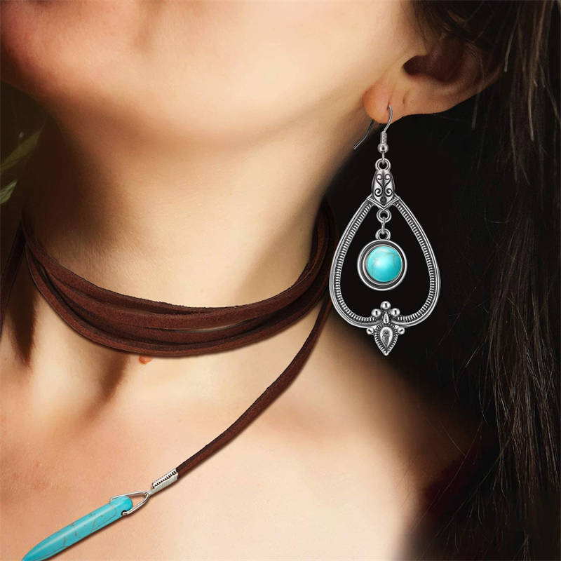 Long Suede Necklace + Vintage Turquoise Dangle Earrings for Women