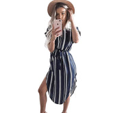 Womens Sexy Dresses Summer Casual V-Neck Printing Pattern Belted Slim Dress-Blue Strips