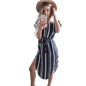 Womens Sexy Dresses Summer Casual V-Neck Printing Pattern Belted Slim Dress-Blue Strips