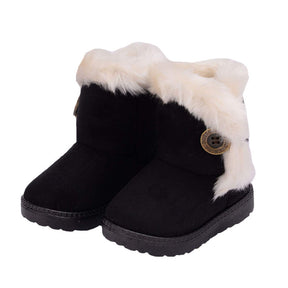 Girl's Boy's Cute Flat Shoes Button Winter Warm Snow Boots-Black