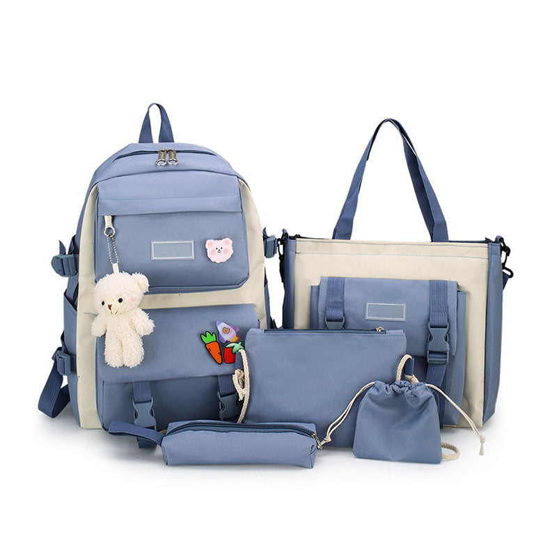 5Pcs Kawaii Backpack Set with Pendants Pins for School Teens-Blue