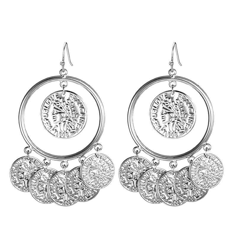 Vintage Tribal Chandelier Portrait Coins Hoop Drop Earrings for Women