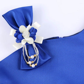 Oblique Shoulder Childrens Dress Rose Print Dress Girls Evening Party Costume-Blue